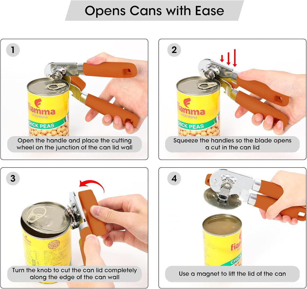 Beneno Can Opener Manual with Magnet, Hand Held Heavy Duty Can Opener with Durable Sharp Blade Smooth Edge, Big Effort-Saving Knob, Soft Grip Rubber Handle, Multifunctional Bottle Opener, Orange