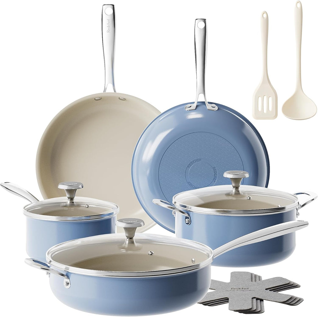 Redchef Ceramic Nonstick Cookware Set,14pcs Pots and Pans Set Non Stick,Induction Cookware with Stainless Steel Handle,Non Toxic Kitchen Cooking Set,Dishwasher & Oven Safe,PFAS PFOA & PTFE Free（Blue）