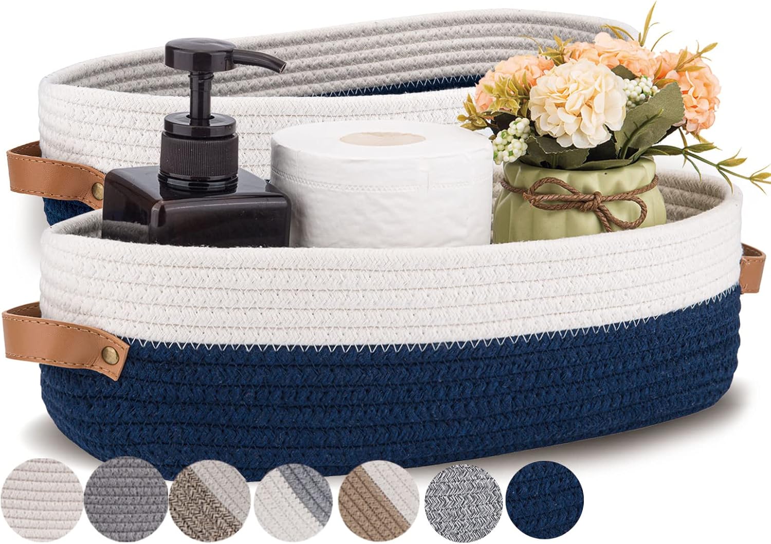 Set of 2 Toilet Basket,Woven Storage Basket for Toilet Tank Top Farmhouse Home Decor Organizing Baskets 13"x5.9"x4" Navy Stitching White