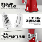Zulay Kitchen Rotary Cheese Grater 5 Blade Cheese Shredder - Manual Hand Crank Cheese Grater With Reinforced Suction & 5 Interchangeable Drums - Easy to Use, Vegetable Chopper Round Mandoline Slicer