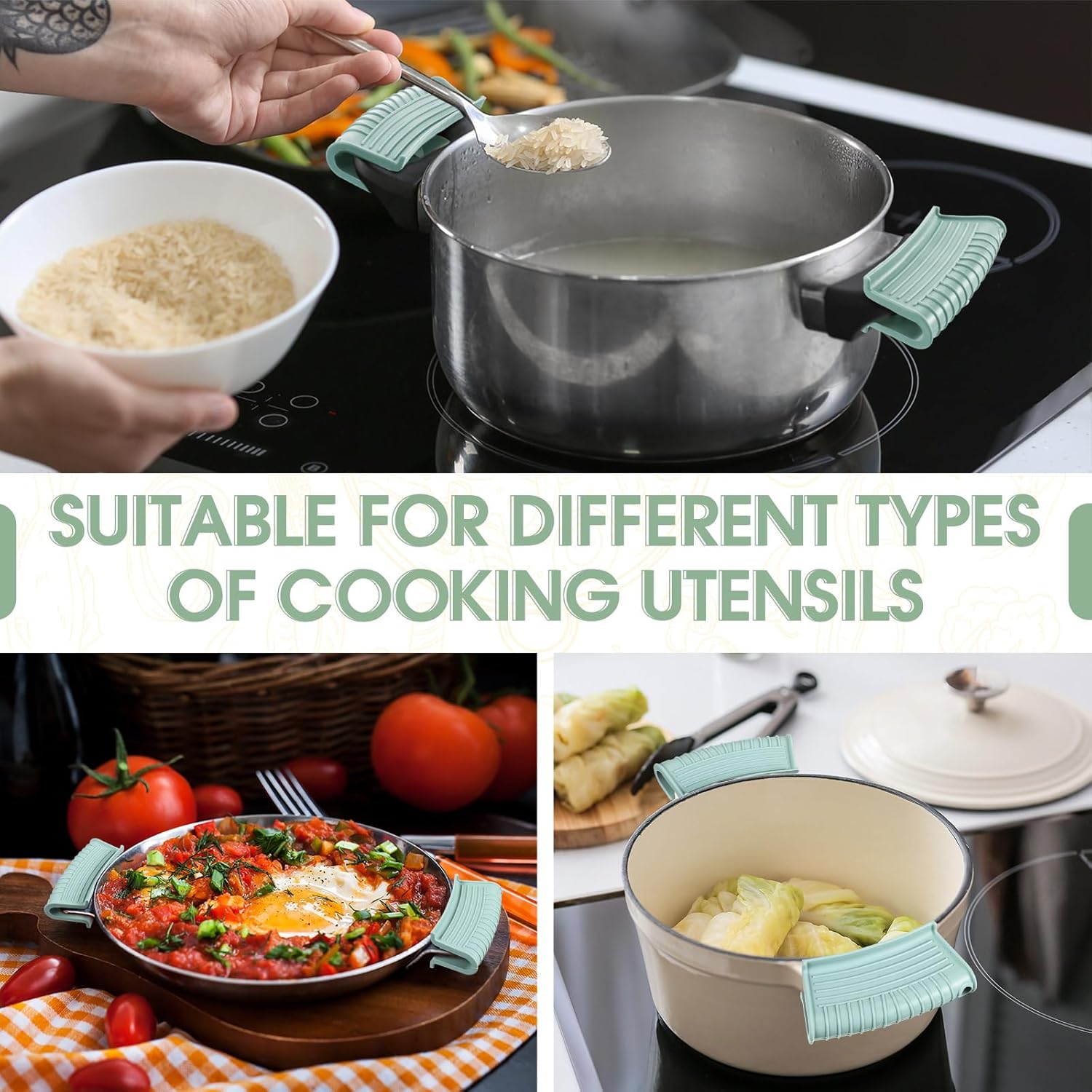 Patelai 4 Pcs Silicone Assist Hot Pan Handle Holder Pot Handle Covers for Cast Iron Skillets Holder Sleeve Nonslip Heat Resistant Pan Cover for Enameled Griddles Casserole Frying Cookware(Mint Green)