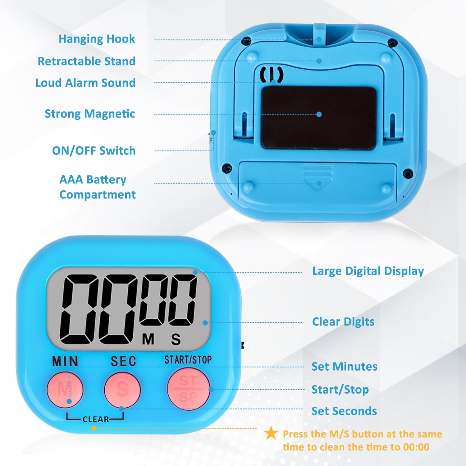 ZILLEEN 12 Pack Kitchen Timers for Cooking Digital Classroom Timers for Teachers Kids White Blue Green