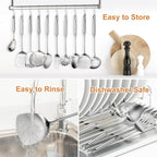 304 Stainlss Steel Kitchen Utensils Set, 12 Pcs Long Metal Utensils Set with Potato Masher, Spoon, Ladle, Skimmer, Turner, Pasta Server, Tongs etc(Dishwasher Safe)