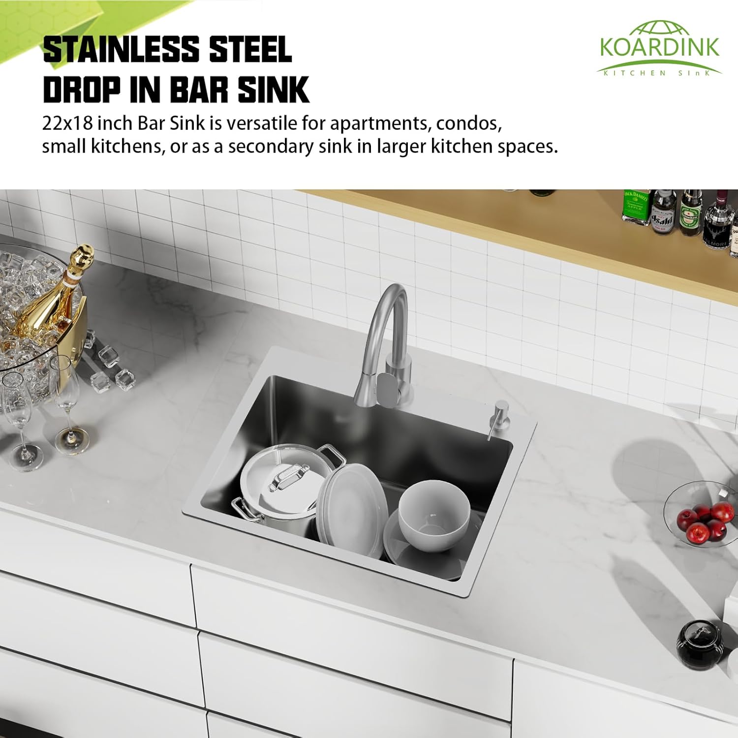 Kitchen And Bar Sink, 22x18 Inch Stainless Steel Drop In Kitchen Sink Modern Single Bowl Topmount Bar Sink Combo-Silicon Mat,Drain Strainer Set Compatibility With Various Kitchen & Bar Style