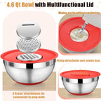 P&P CHEF Mixing Bowl with Lid Set, 5 Piece Stainless Steel Mixing Nesting Bowls for Salad Storage, 3 Grater Attachments & Non-Slip Bottoms, Size 1/1.5/2 / 2.6/4.6 QT, Multicolor
