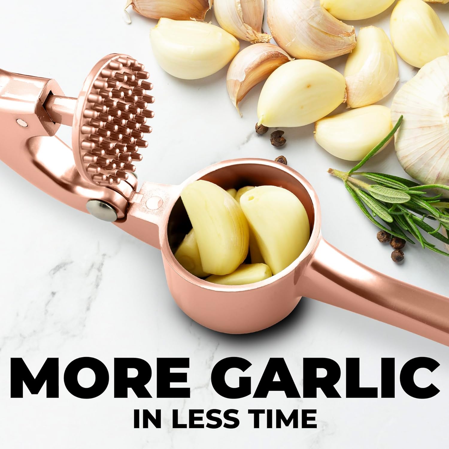 Zulay Kitchen Premium Garlic Press Set - Rust Proof & Dishwasher Safe Professional Garlic Mincer Tool - Easy-Squeeze, Easy-Clean with Soft Handle - Silicone Garlic Peeler & Brush (Rose Gold)