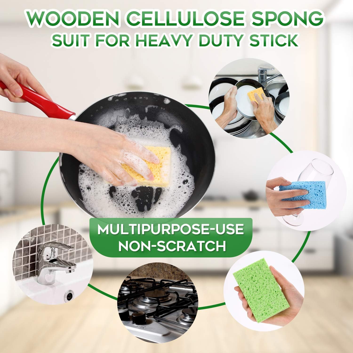 Cleaning Scrub Colored Sponge,Non-Scratch Kitchen Cellulose Dishwashing Sponge,16Pack Biodegradable Natural Sponge