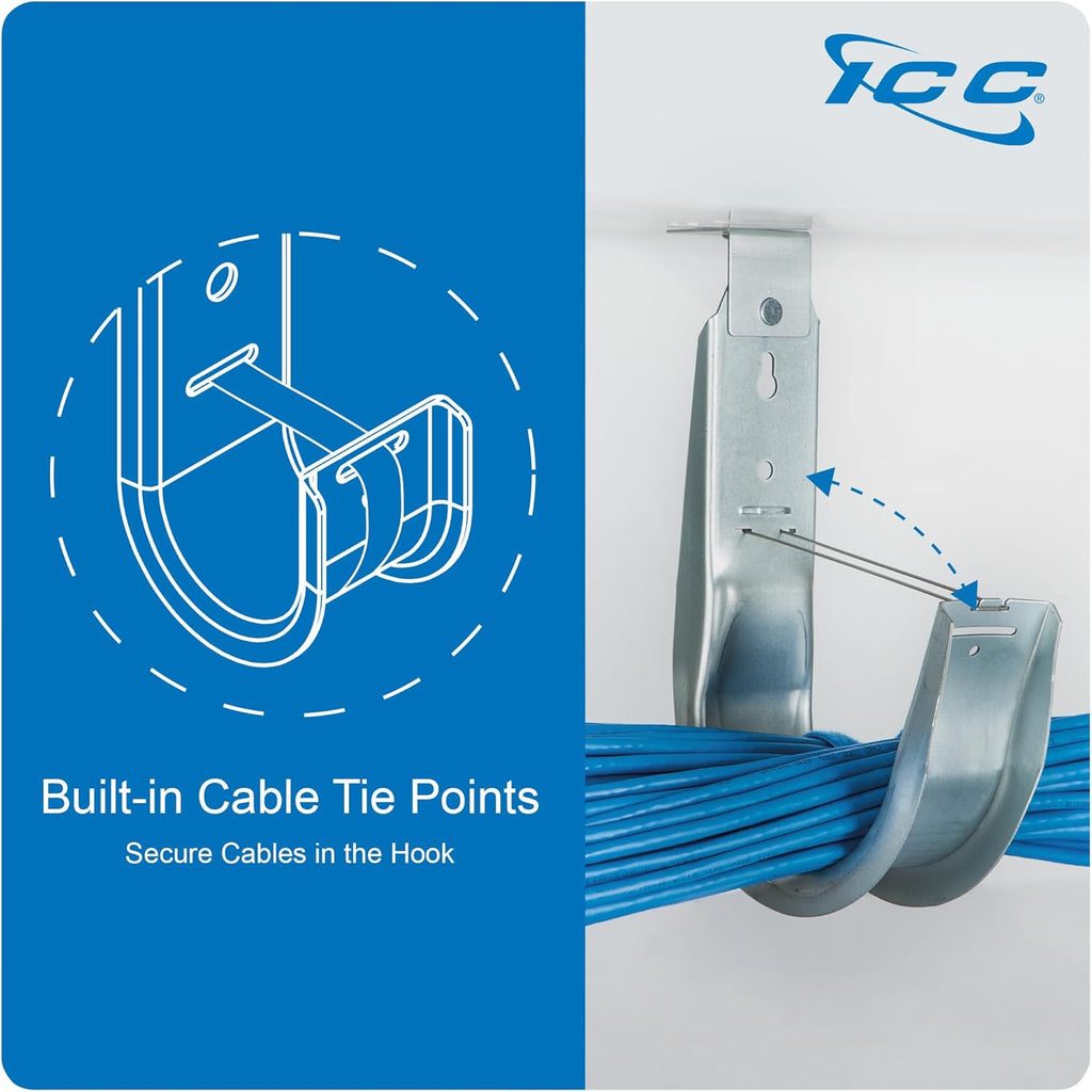 ICC Ceiling Mount J Hook 4” with Retainer Clip - Galvanized Steel Cable Management Hooks for Hanging Cable - Rust-Resistant, EIA and TIA Compliant - 4 Inch 25 Pack