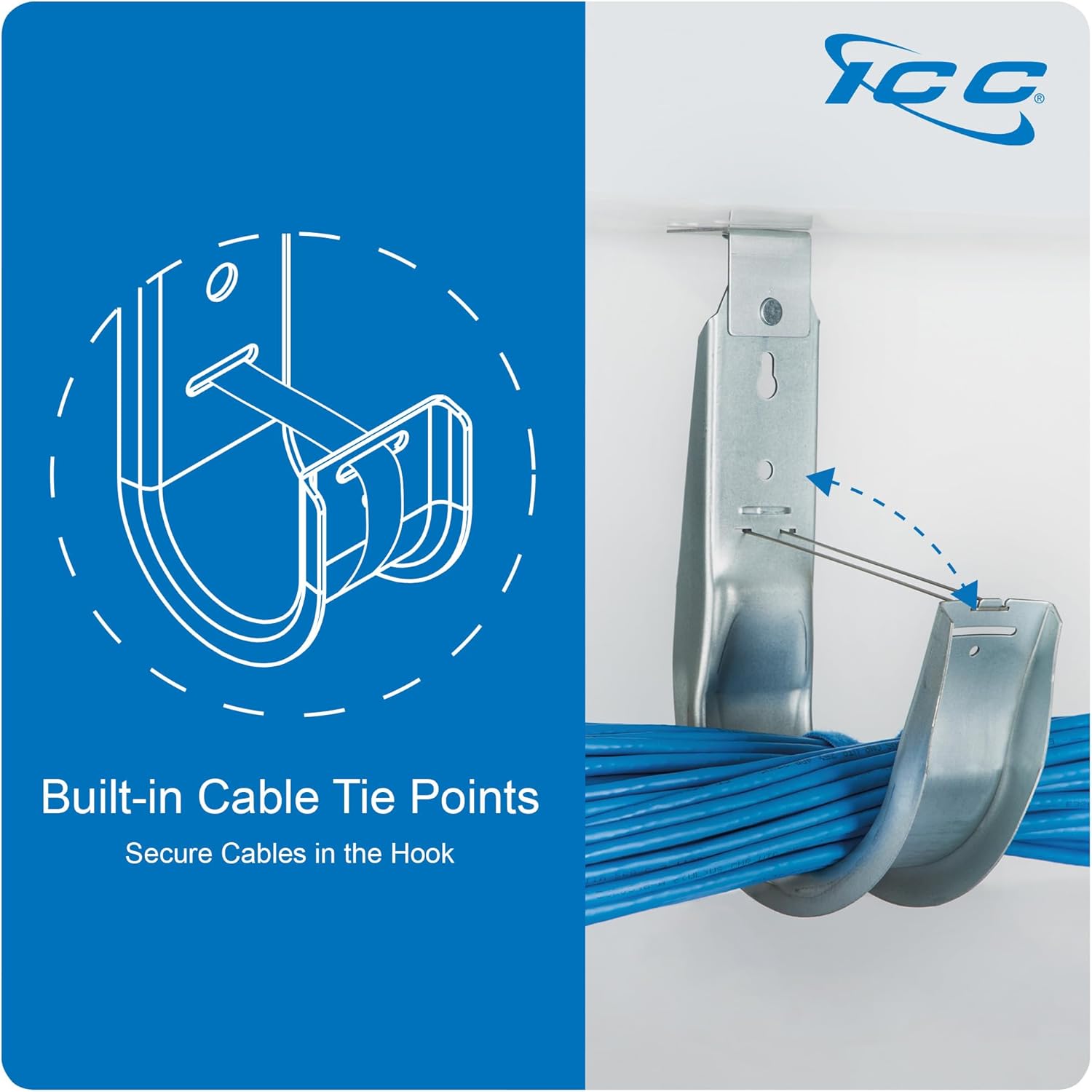 ICC Ceiling Mount J Hook 3/4” Without Retainer Clip - Galvanized Steel Cable Management Hooks for Hanging Cable - Rust-Resistant, EIA and TIA Compliant - 3/4 Inch 25 Pack