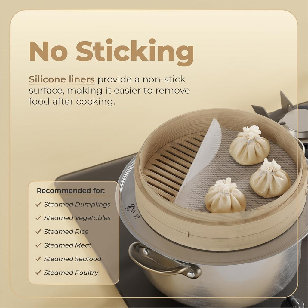 Prime Home Direct Bamboo Steamer Silicone Liners 10-Inch | 6 Count | BPA Free | Reusable & Non Stick for Air Fryer, Dumpling Food Steam Pot & Dim Sum Steaming | Round Mesh Parchment Baking Sheet Paper