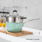 Ceramic Nonstick Tri-Ply Stainless Steel Sauce Pan with Steamer,2.5 Quart Small Multipurpose Pot with Pour Spout,Strainer Glass Lid, 2qt Saucepan for Cooking with Stay-cool Handle,Green