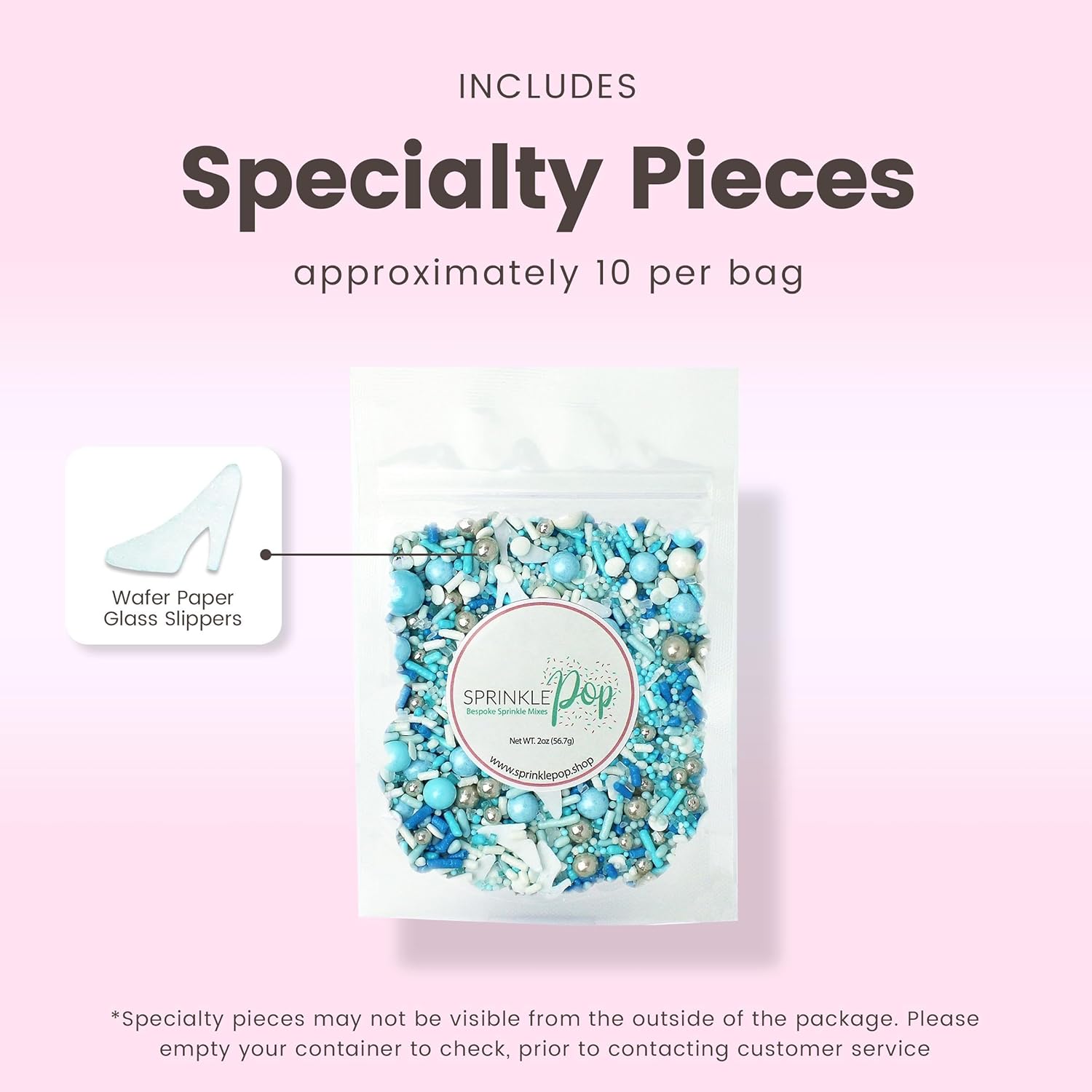 Sprinkle Pop Glass Slipper Princess Sprinkle Mix| Blue White Sprinkles with ~10 Frozen Shoe Wafer Paper and Silver Dragees| Girl Sprinkles Made in USA for Decorating Birthday Cupcakes Cake Donuts, 2oz