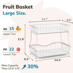 Large 2-Tier Fruit Basket for Kitchen Counter with 2 Banana Hangers – Metal Fruit Bowl for Onion, Vegetable, Snacks, Breads Storage – Countertop Organizer – White