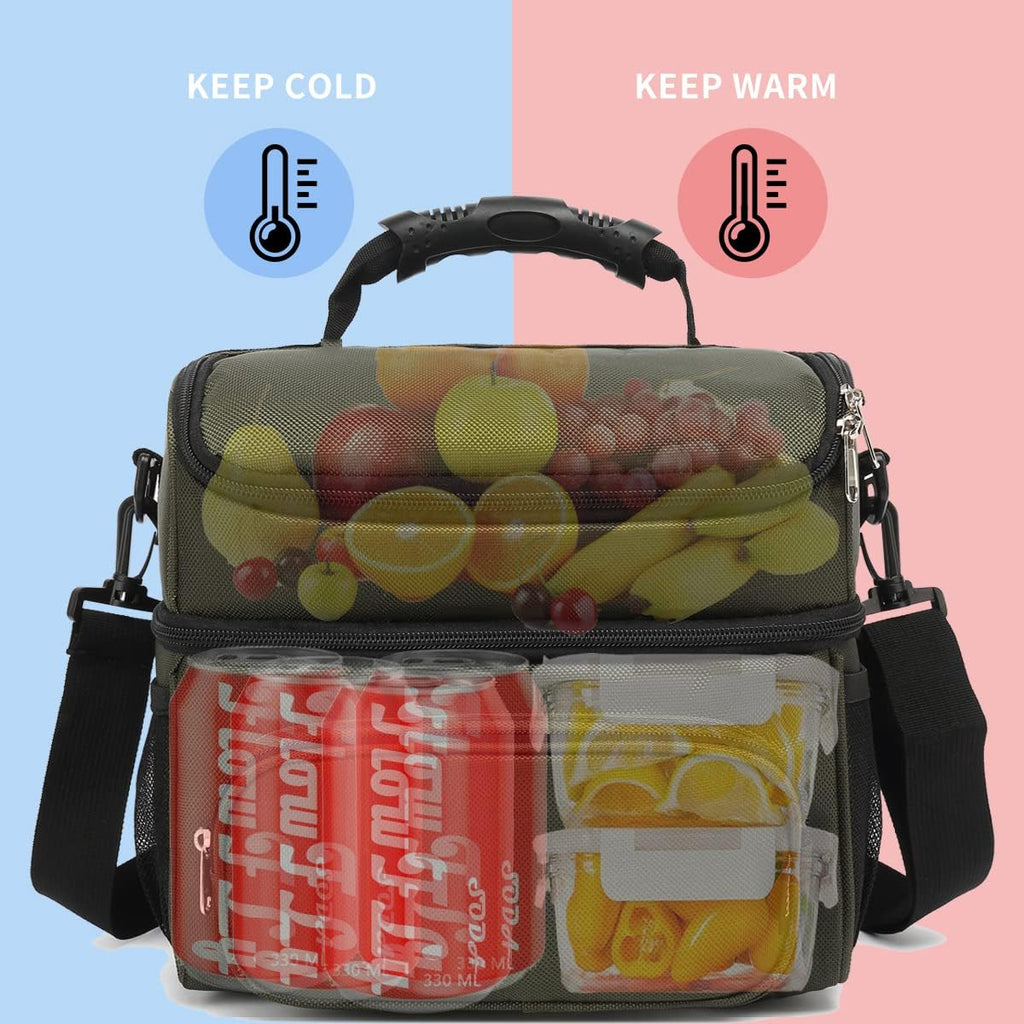 FlowFly Double Layer Cooler Insulated Lunch Bag Adult Lunch Box Large Tote Bag for Men, Women, With Adjustable Strap,Front Pocket and Dual Large Mesh Side Pockets