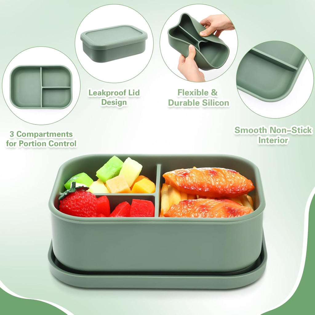 Honeydak 6 Pcs Silicone Bento Box 3 Compartment Reusable Lunch Container Smooth and Leakproof Meal Prep Lunch Box with Lid Stackable Meal Prep Container for Work Travel, 6 Colors (Classic Colors)