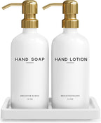 Luxury Glass Soap and Lotion Dispenser Set with Tray by Brighter Barns - Hand Soap Dispenser Bathroom Set & Stainless Steel Pump for Home or Airbnb - White and Gold Bathroom Accessories & Decor (Gold)