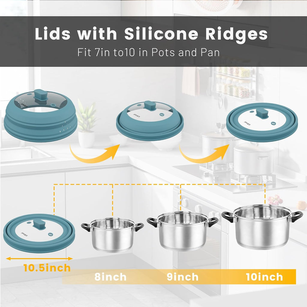Microwave Splatter Cover, Vented Silicone and Glass Cover Splatter Guard Lid, Food Collapsible Plate Cover Lid with Easy Grip Handle. (Blue, 10.8 inch)