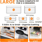 Criusia 16 Pack Large Clear Plastic Drawer Organizer Bins - 5 Size Acrylic Bathroom and Vanity Organizers and Storage Trays for Makeup Office Home, Kitchen Drawer Organizer for Utensils, Gadgets