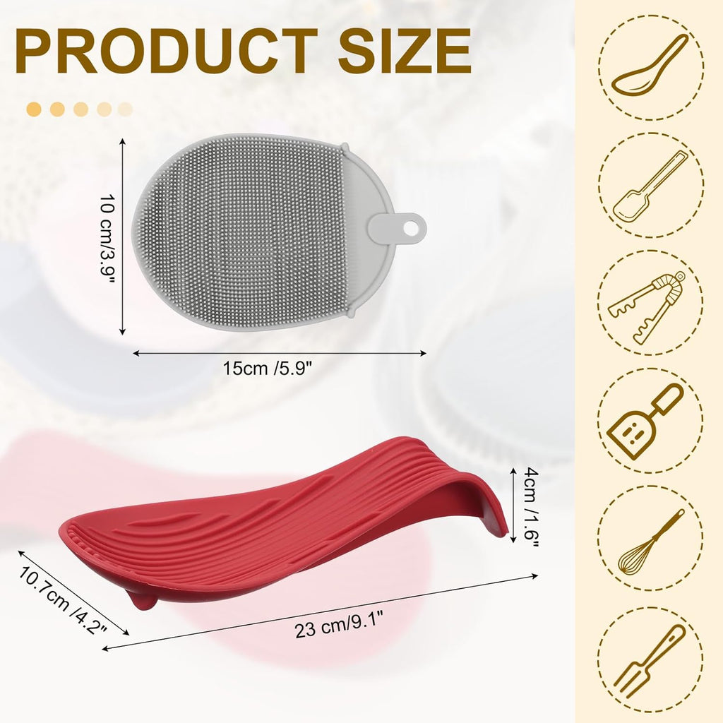 uxcell 1 Set Silicone Spoon Rest for Stove Top, Silicone Spoon Holder for Cooking Spatula, Ladle, Brush Red/Grey