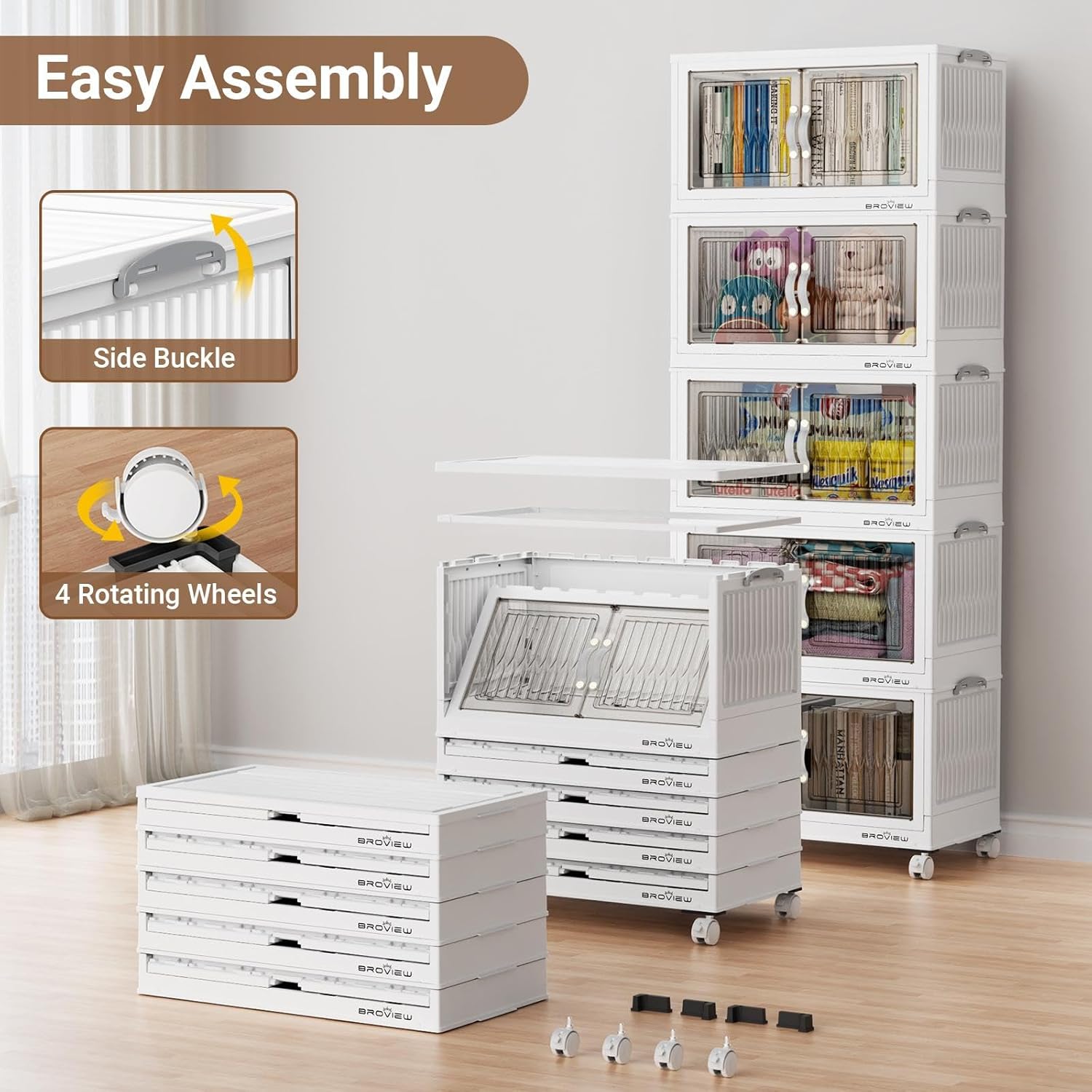 300Qt Stackable Storage Bins with Lid, Extra Large Closet Organizer Collapsible Drawer Boxes with Wheels, Folding Plastic Cabinet Containers for Home Kitchen Room Organization, 5Pack White
