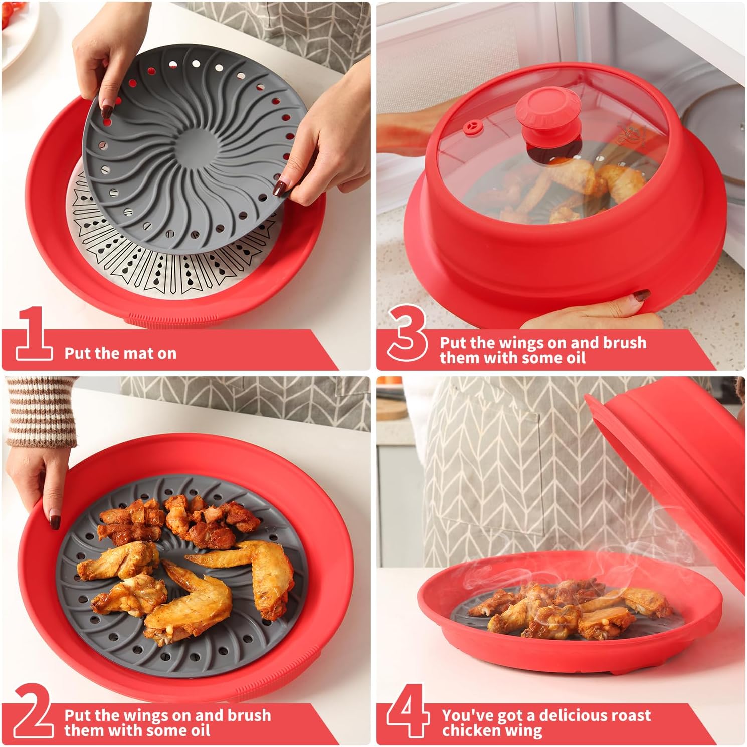 Microwave Splatter Silicone Cover Collapsible Steamer, Vented Multifunction Splash Lid with Glass Dish Bowl Plate for Food Cooking Bacon Maker, Dishwasher Safe BPA-Free 10.5 inch Cookware Set