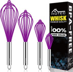 HOTEC 4 Pieces Silicone Whisks Set, Wire Balloon Whisks Egg Beater, Non-slip Handle Whisk for Non-stick Cookware Perfect for Cooking, Stirring, Beating and Blending (Purple)