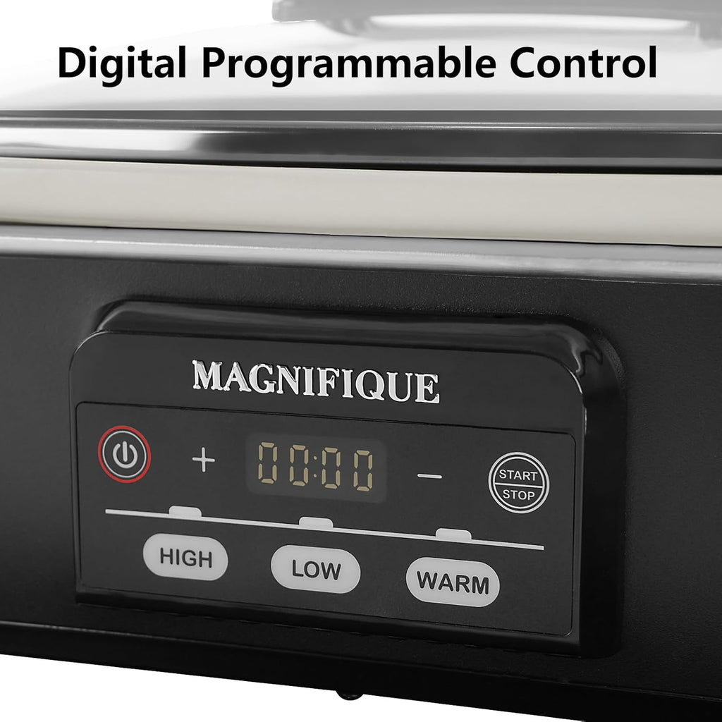 MAGNIFIQUE Small 4 Quart Casserole Programmable Slow Cooker with Ceramic Baking Dish - Perfect Kitchen Small Appliance for Family Dinners, Oven Safe and Durable Bakeware for Lasagna, Roasts