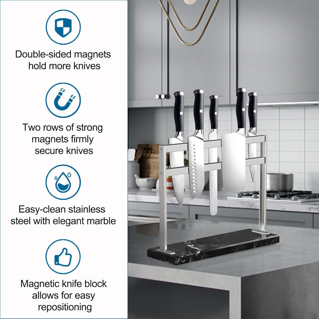 YIIYIIN Magnetic Knife Block with Marble Base - Double Sided Magnetic Knife Stand - Magnetic Knife Holder - Kitchen Knife Storage - Knife Holders for Counter Top - Black