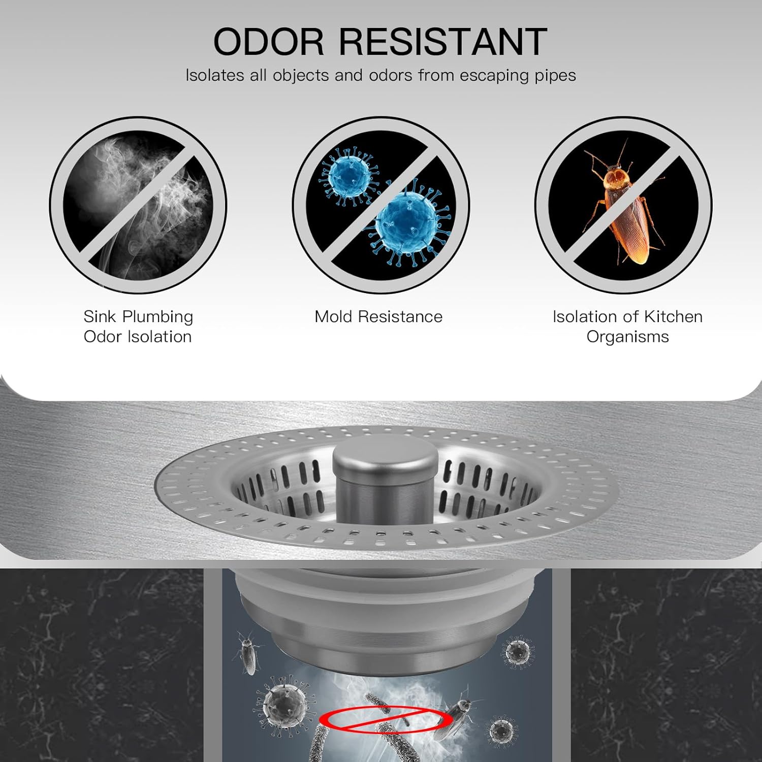 3 in 1 Kitchen Sink Drain Strainer Stopper, Stainless Steel Pop Up Sink Stopper with Anti-Clogging Basket Strainer Width 3.07" Height 1.77 for Deep Sink (Silver)