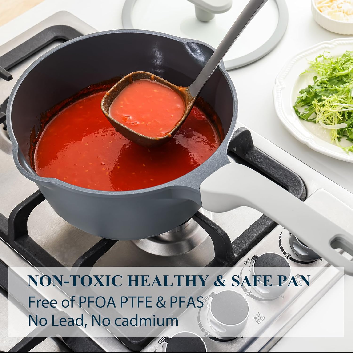 Nonstick Saucepan with Lid, 2 Quart Ceramic Sauce Pan, Non Toxic Sauce Pot with Pour Spouts for Multipurpose Use, PTFE, PFOA & PFAS Free, Induction Compatible.