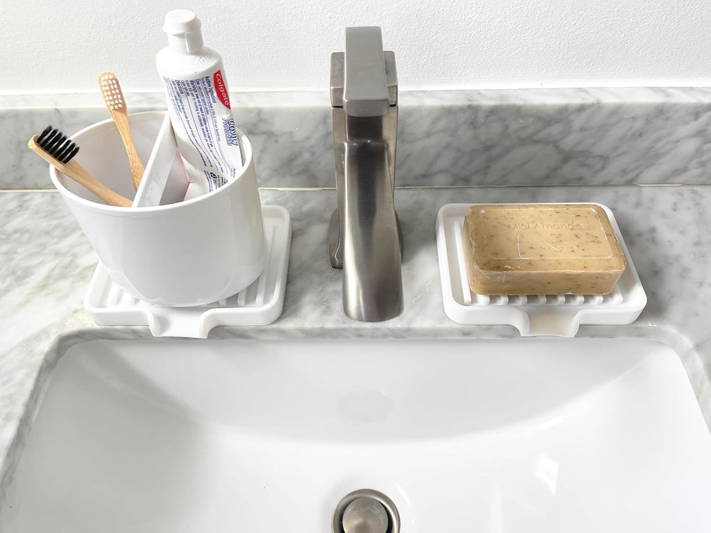 Happitasa Silicone Soap Dish Tray and Sponge Holder with Drain Chute, Pack of 2 | Bathroom and Kitchen Sink Organizer Caddy (Pale Yellow, 5.2"x4", 7.2 Ounces)