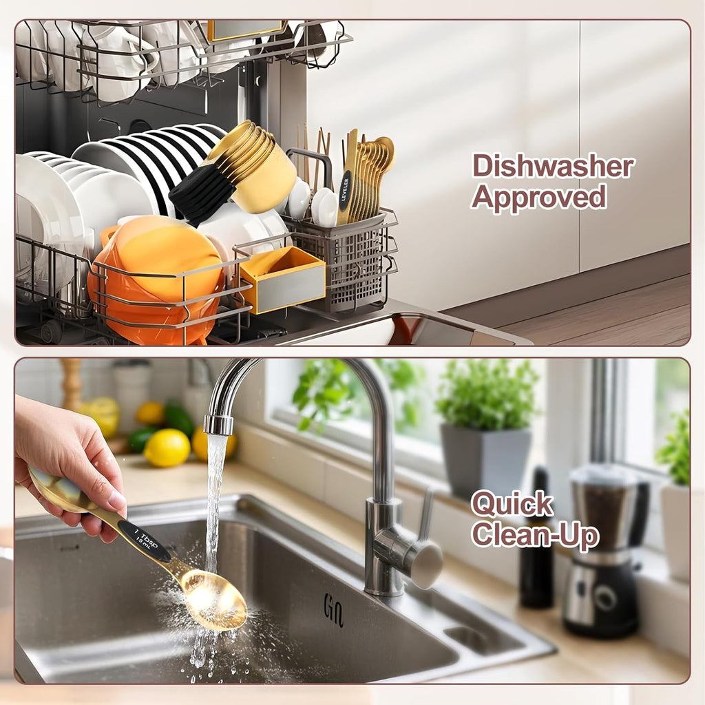 16-Piece Stainless Steel Measuring Cups and Spoons Set, Strong Magnetic Nesting Design 7 Cups 8 Spoons with Leveler, Double Measurement Markings for Dry & Liquid Ingredients, Gold