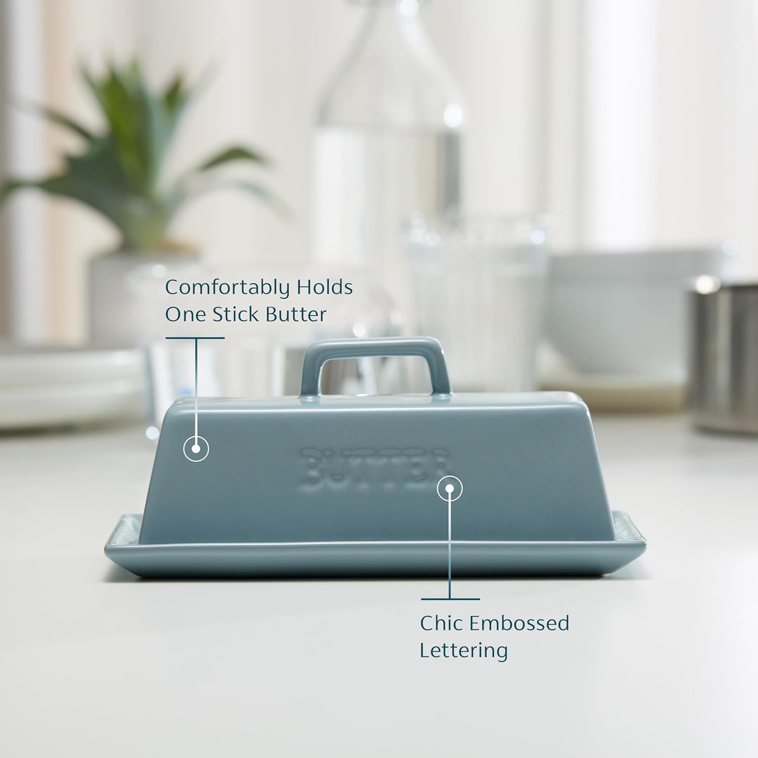 Kook Ceramic Butter Dish with Lid, Kitchen Countertop Butter Keeper, Serving Tray with Cover, Storage Container, Holds 1 Stick, Microwave and Dishwasher Safe, Casper Blue