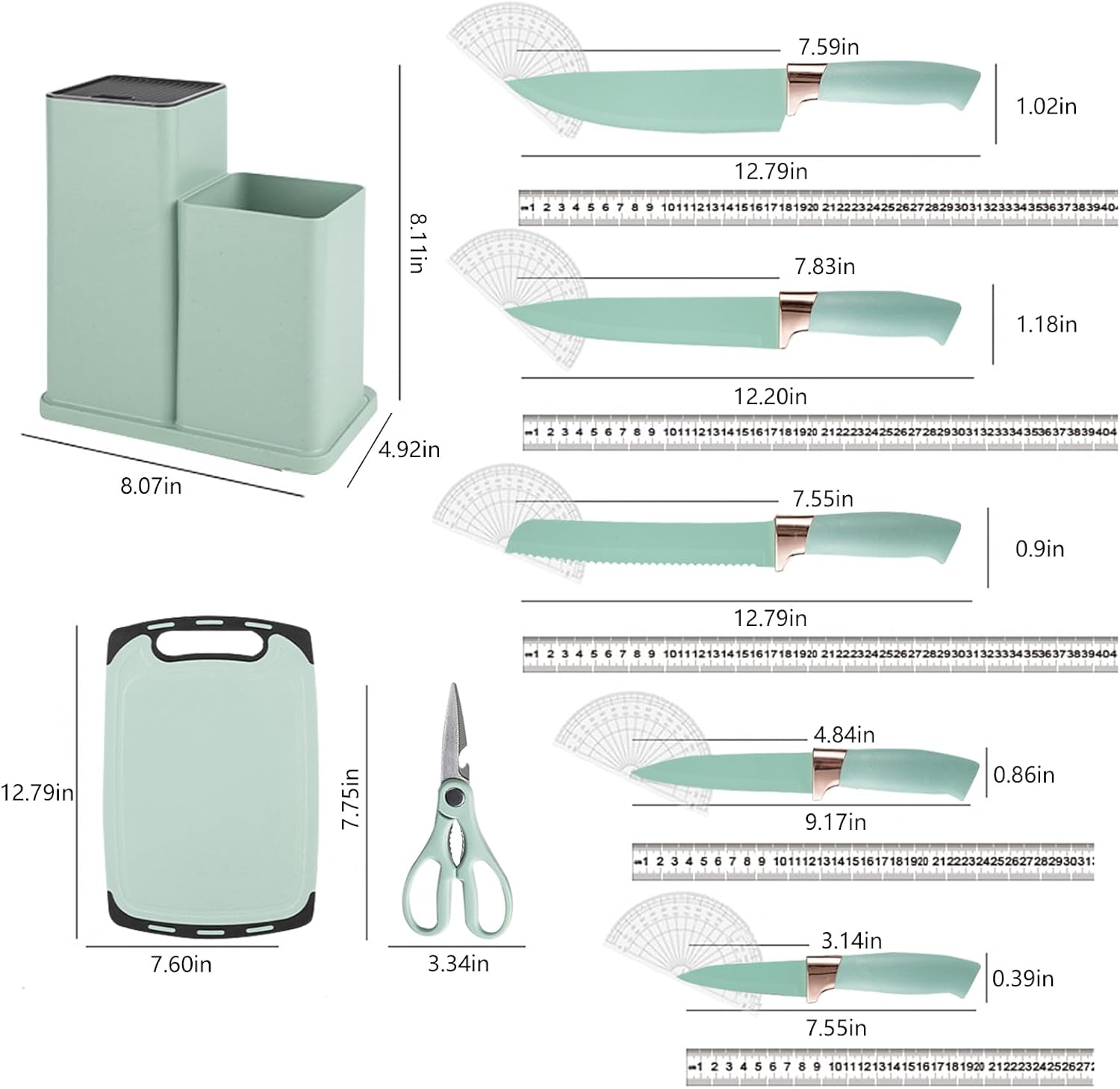 Cooking Utensils Set - 19 Piece Set with 11 Spatulas, 6 Sharp Knives, Silicone Utensils & Cutting Board (Green)