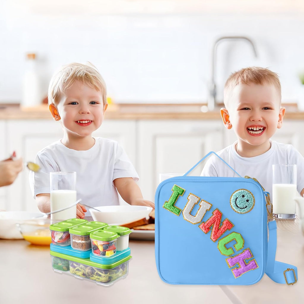Insulated Lunch Bag With Adjustable Shoulder Strap, Nylon Preppy Lunch Box Large Insulated Lunch Bag Reusable Lunch Tote Bag with Smiley Preppy LunchBag for Girls School Travel Picnic (Dark blue)