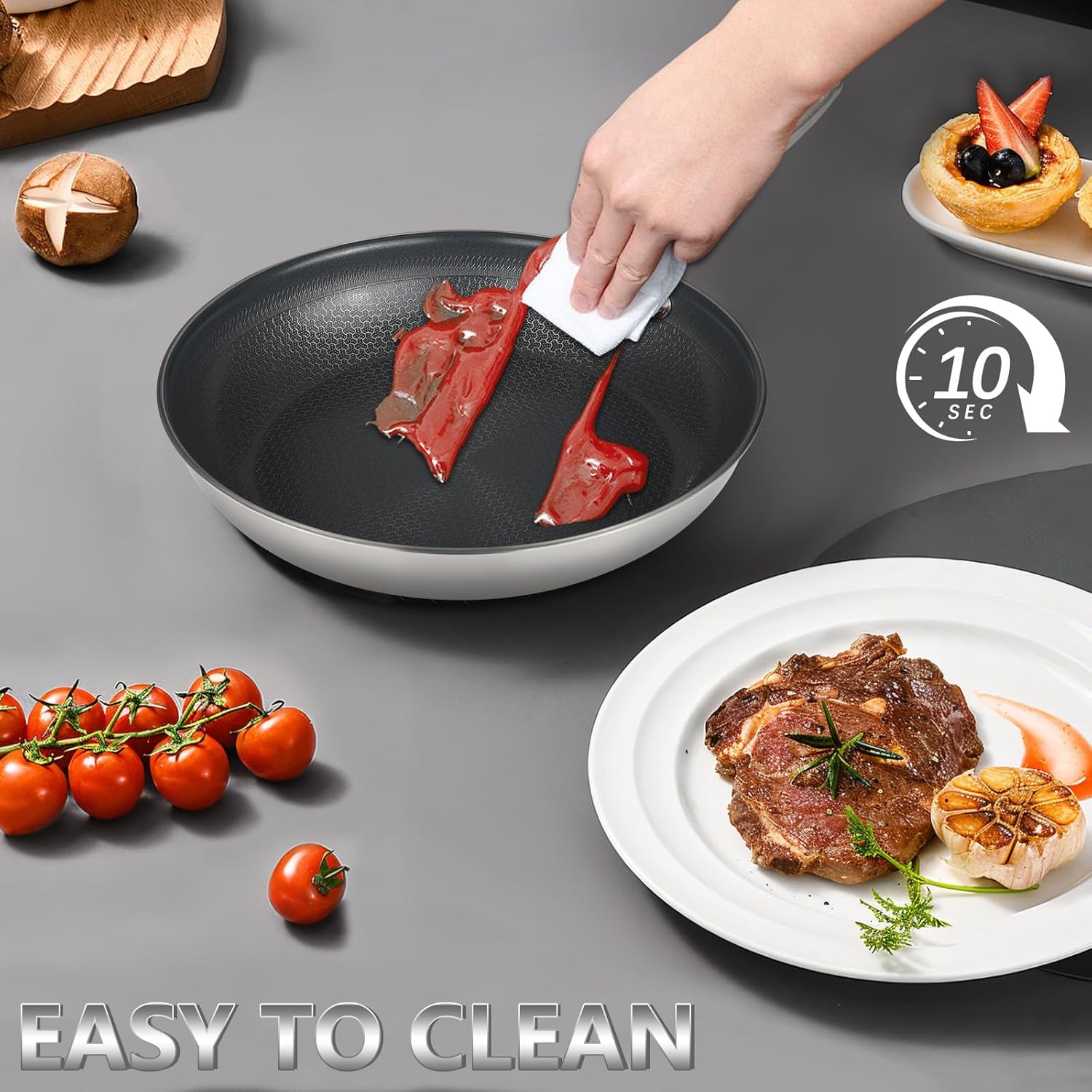 Stainless Steel Nonstick Frying Pan, Hybrid Ceramic 8-Inch Frying Pans, Stay-Cool Handle, PFAS & PFOA PTFE Free, Dishwasher & Oven Safe, Scratch-Resistant, Compatible with Induction & All Cooktops