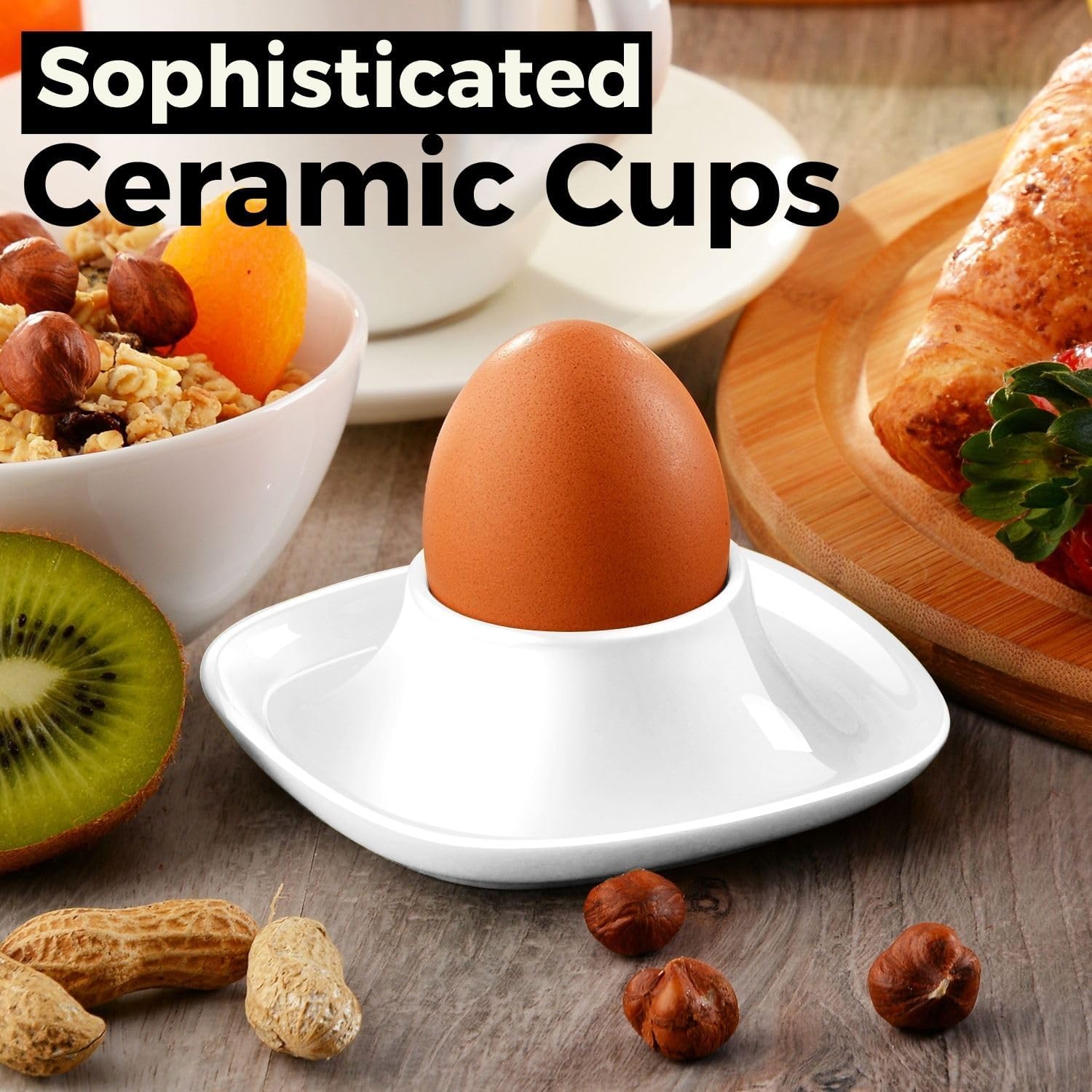Flexzion Soft Boiled Egg Holder Set - 4-Piece White Ceramic Egg Cup, Stackable Egg Coddler Cups with Base for Serving, Breakfast, Brunch - Kitchen Table Decor, White