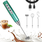 Nahida Green Milk Frother Wand for Coffee, Frother Handheld Rechargeable Electric Whisk with 3 Heads 3 Speeds Drink Mixer Coffee Frother Foam Maker For Latte, Cappuccino, Hot Chocolate, Egg