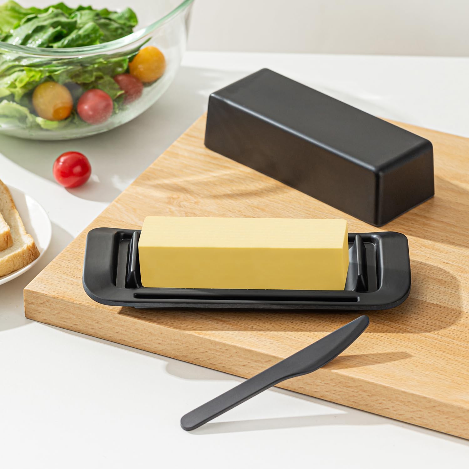 Butter Dish with Lid for Countertop, Butter Dish with Knife, Butter Keeper for Kitchen or Fridge, Bamboo Fiber Butter Tray, Butter Holder for 1 Stick Butter, BPA-free, Dishwasher Safe(Black)
