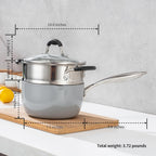 Ceramic Nonstick Tri-Ply Stainless Steel Sauce Pan with Steamer,2.5 Quart Small Multipurpose Pot with Pour Spout,Strainer Glass Lid, 2qt Saucepan for Cooking with Stay-cool Handle,Grey