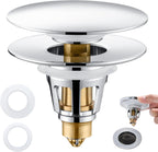 Universal 3-in-1 Bathroom Sink Stopper - Chrome Pop Up Sink Drain Stopper, Push Button Sink Drain Stopper Replacement, Wash Basin Drain Filter Plug with Anti-Clogging Strainer, (Large Cover)