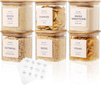 6 Pack Square Glass Pantry Storage Containers with 132 Kitchen Food Pantry Labels - 24 floz Clear Glass Pantry Jars with Airtight Wood Bamboo Lids - Glass Canisters for Sugar, Cereal, Coffee, Spice