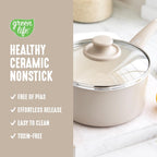 GreenLife 2 Quart Ceramic Nonstick Saucepan with Lid, PFAS-Free, Stay-Cool Handle, Multipurpose Kitchen Cooking Pot, Dishwasher & Oven Safe, Taupe