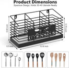 Utensil Holder for Kitchen Counter with Fast-Drying Diatomaceous Earth Base, Large Utensil Organizer with 3 Compartments, Black Metal Cooking Tools Storage