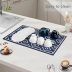 SUEH DESIGN Dish Drying Mat, Absorbent Coffee Mat 23.6 x 15.7 in Quick Dry Kitchen Drying Dish Drain Mat for Kitchen Counter Coffee Bar, Dark Blue
