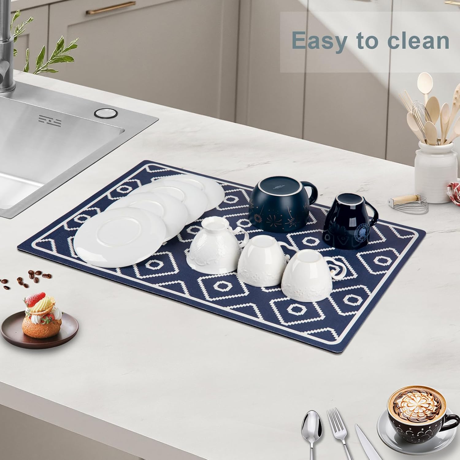 SUEH DESIGN Dish Drying Mat, Absorbent Coffee Mat 19.6 x 11.8 in Quick Dry Kitchen Drying Dish Drain Mat for Kitchen Counter Coffee Bar, Dark Blue