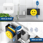Sponge Holder for Kitchen Sink,Smiley Face Sink Caddy,Sponge Holder Stainless Steel with Suction Cups & 1 PCS Adhesive Strips for Holding Soap,Brush,Scrubber,Sponge-Black