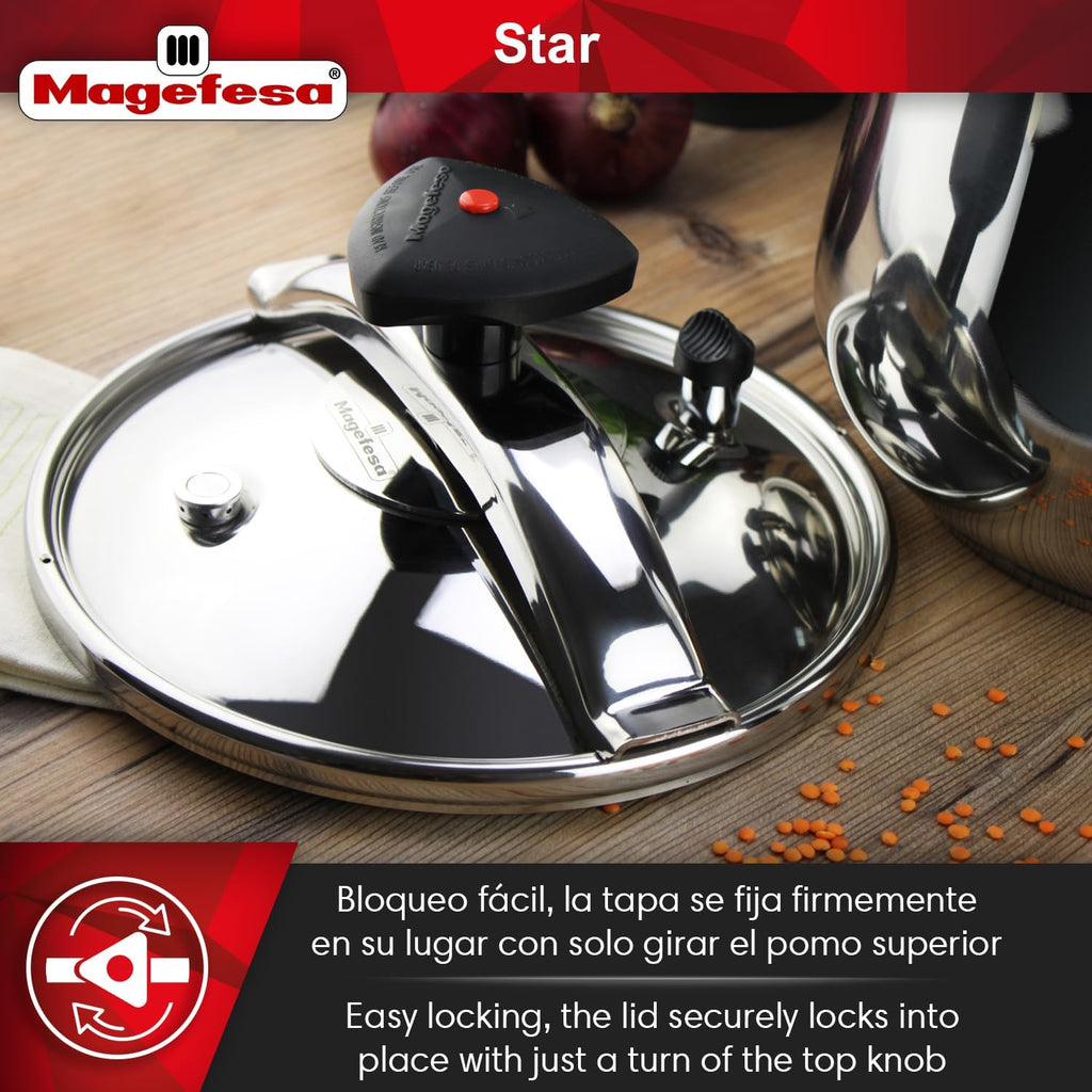 MAGEFESA Star Pressure Cooker, 6.3-Quart, 18/10 Stainless Steel, Works on All Stovetops (Induction Compatible), Safety Lock & 8 PSI Cooking