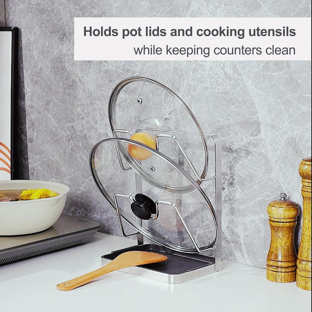 304 Stainless Steel Pot Lid Holder While Cooking, Kitchen Spoon Rest with Lid Holder for stove top, Multifunctional Kitchen Pot Lid Organizer for Countertop（Silver）