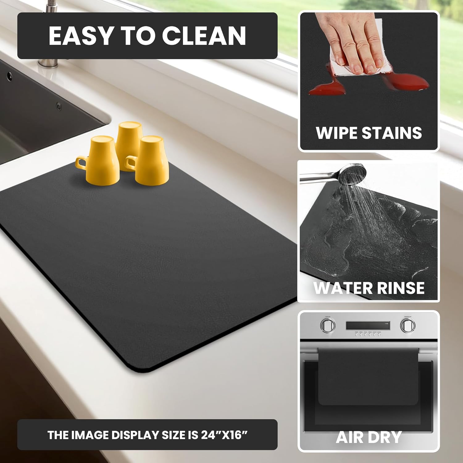 Dish Drying Mat Super Absorbent – 12" x 18" Coffee Mat for Countertops – Non-Slip Drying Mat for Kitchen Counter – Easy to Clean Water Absorbent Mat – Quick Dry Dish Drying Mats (Black)